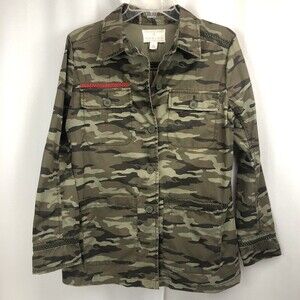 Caslon Military Camo Jacket Shacket Small Embroidered Green Camouflage Excellent